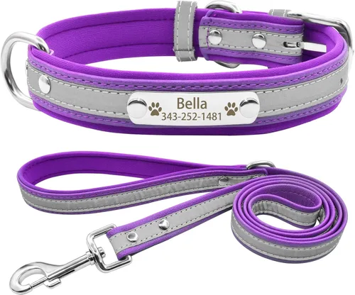 Vista 9 de Collares reflectantes personalizados para perros con acolchado de neopreno, collar de perro grabado personalizado con placa de nombre para perros