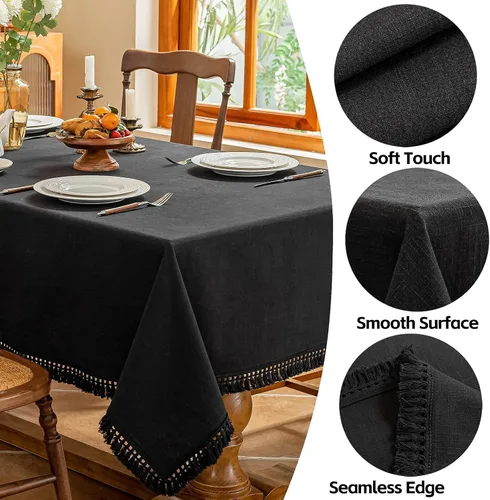 Vista 2 de AmHoo - Mantel de lino con borlas y bordado rectangular decorativo para mesa natural para cocina, comedor, buffet de boda, 55 x 55 pulgadas, negro