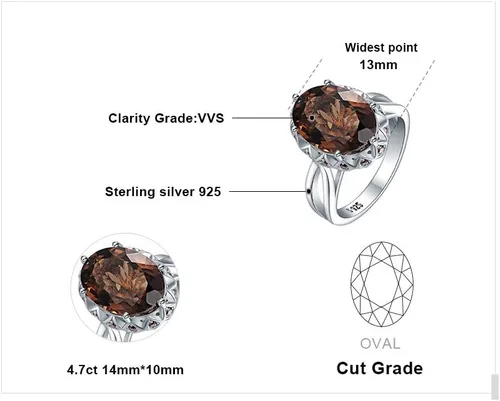Vista 2 de JewelryPalace Anillos de cóctel ovalados enormes de cuarzo ahumado genuino de 5.7 quilates para ella, anillo de plata de ley 925 chapado en oro