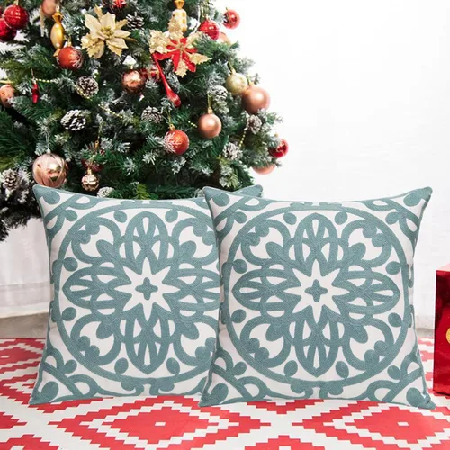 Vista 2 de Juego de 2 fundas de almohada decorativas bordadas, estilo bohemio, lona de algodón, para patio, sofá, sala de estar, 18 x 18 pulgadas