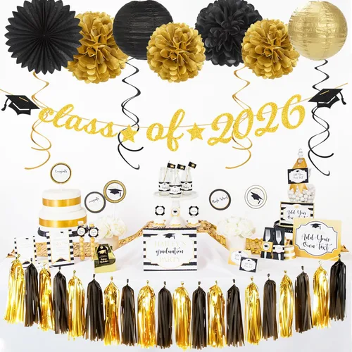 Vista 4 de Guirnalda de decoración de fiesta de graduación de oro negro – 36 piezas de pancarta de felicitaciones de graduación 2026, serpentinas colgantes