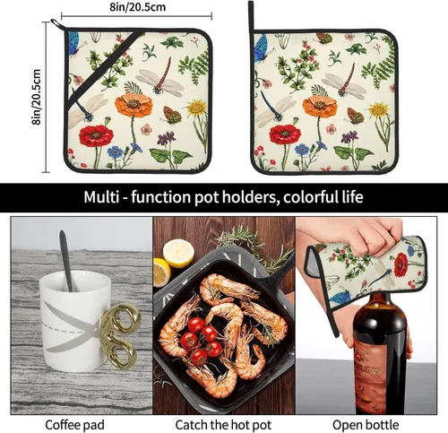 Vista 6 de Juego de 2 soportes para ollas de libélula de primavera con diseño de hojas de helecho botánico para cocina, decorativas, resistentes al calor