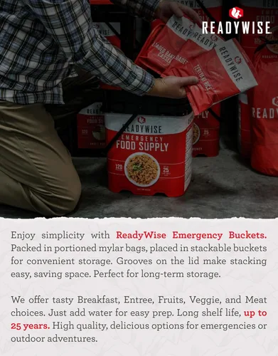 Vista 7 de ReadyWise Prepper Pack Cubo – 52 porciones de suministro de alimentos de emergencia, kit de supervivencia, comidas con proteínas, alimentos