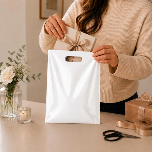 Vista 4 de Paquete de 200 bolsas de plástico blancas de 9 x 12 pulgadas con asas troqueladas