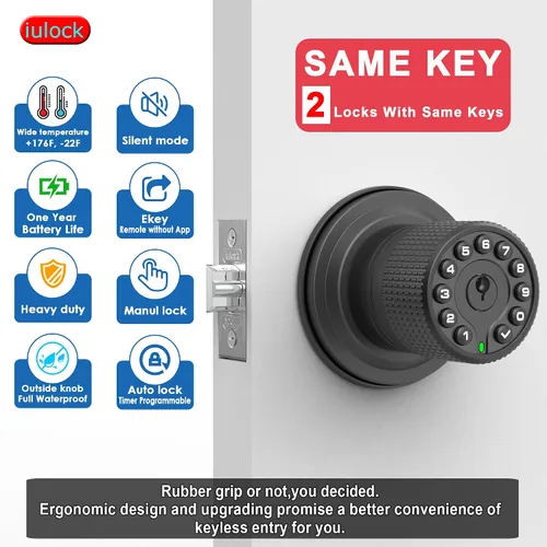 Vista 3 de iulock Pomo de puerta inteligente con teclado y llave, cerradura de puerta de entrada sin llave con agarre de goma, bloqueo automático, 50 códigos
