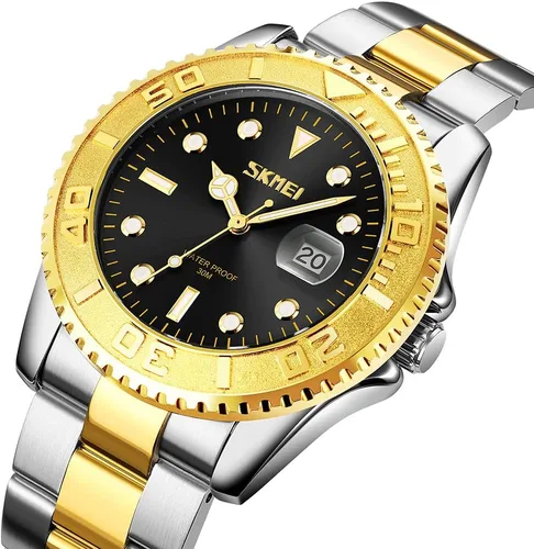 Vista 3 de SKMEI Watch for Men Waterproof Fashion Casual Silver Stainless Steel Big Face Analog Quartz Luminous Luxury Dress Business Dad Father Gift Green