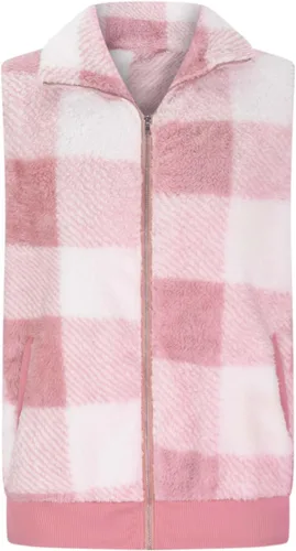 Vista 3 de Chaleco de forro polar a cuadros para mujer, casual, mullido, sin mangas, mullido, con cremallera, chaqueta cálida