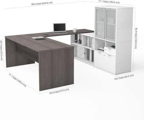 Vista 2 de Bestar i3 Plus Escritorio ejecutivo en forma de U con gabinete de puertas de vidrio esmerilado, 72 W, gris corteza y blanco