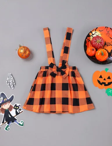 Vista 3 de Conjunto de ropa de Halloween para recién nacido, con volantes, tirantes, calabaza, murciélago, fantasma, falda con diadema