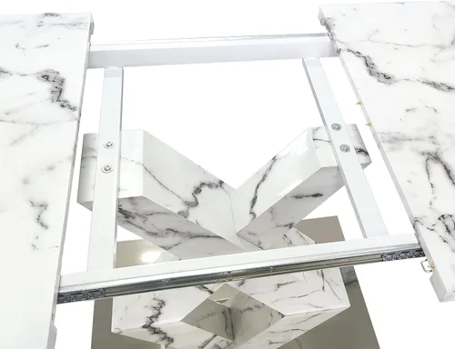 Vista 6 de Mesa de comedor de mármol blanco para 6, moderna mesa de comedor extensible con base en forma de X, mesa de comedor rectangular de mármol sintético
