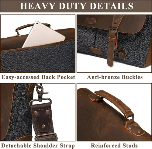 Vista 4 de VASCHY Bolsa de mensajero para hombre, bolso de lona de tweed de cuero vintage de 15.6 pulgadas para laptop de negocios, bolsa de hombro cruzada