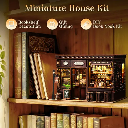 Vista 6 de MAKEASY Kit de rincón de libro, kit de casa en miniatura para adultos y adolescentes, rompecabezas de madera 3D, decoración de estantería