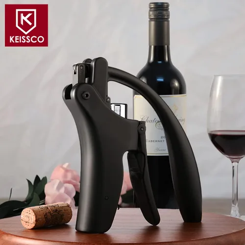Vista 3 de KEISSCO Abridor de vino compacto con palanca vertical sacacorchos Abridor de botellas de vino con cortador de papel de aluminio y tornillo adicional