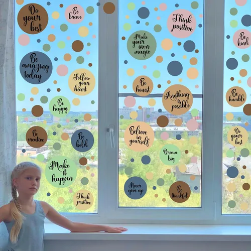 Vista 7 de Calcomanías de pared de lunares, coloridas calcomanías de pared bohemias para niños, calcomanías extraíbles de círculo redondo de arco iris