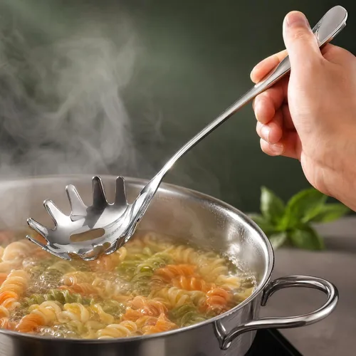 Vista 9 de Cabilock Cuchara de fideos, cuchara de pasta de acero inoxidable con dientes, espaguetis para recoger fideos, albóndigas y huevos, utensilio