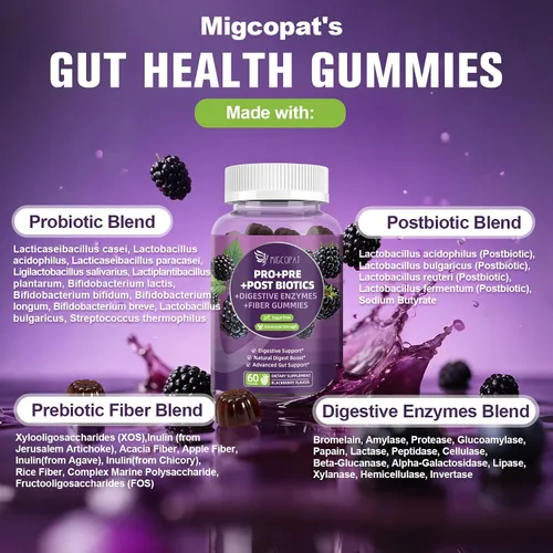 Vista 3 de Migcopat Gomitas de probióticos pre post, enzimas digestivas prebióticas prebióticas posbióticas con fibra, 120 mil millones de probióticos UFC