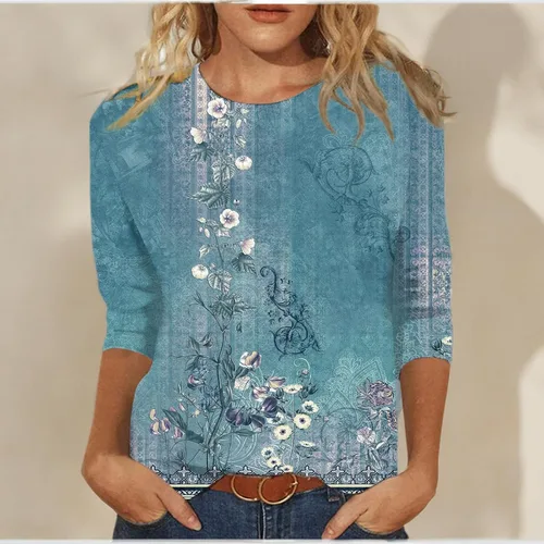 Vista 139 de Camisetas personalizadas para mujer, a la moda, casual, de séptima manga, estampada, cuello redondo, camiseta