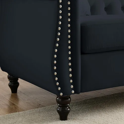Vista 7 de 80" Black Velvet Chesterfield Sofa for Living Room,2 Pcs 3 Seater Sofa Button Tufted Nailhead Trimming Rolled Arms with Wood Frame with 4 Pillows
