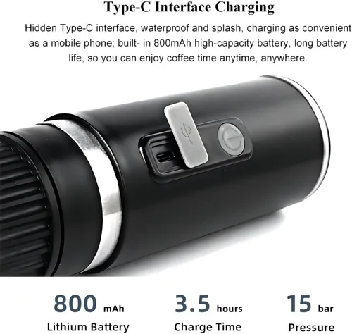 Vista 5 de Cafetera eléctrica automática de 800 mAh Cafetera portátil de viaje y campamento Cargador de coche USB C Funciona con café molido y cápsulas