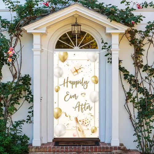Vista 5 de INNORU Decoración de pancarta de puerta con texto en inglés "Happily Ever After", decoración de cubierta de puerta de fiesta de boda, letrero