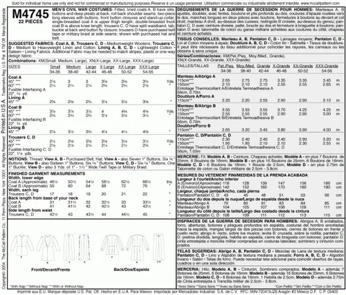 Vista 2 de McCall's Costumes M4745, patrón de costura para disfraz de la guerra civil para hombre, XLG-XXL-XXXL