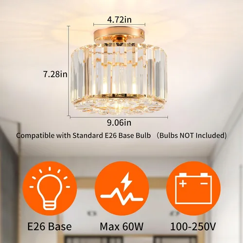 Vista 4 de Lámpara de techo de cristal, lámpara de techo semiempotrada de cristal dorado para dormitorio, cocina, pasillo, entrada, balcón, comedor, sala