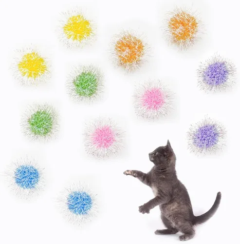 Vista 7 de Andiker Bolas brillantes para gatos, 6 bolas de pompón de gato de 2.36 pulgadas, bolas de oropel con purpurina para gatito, bola mullida