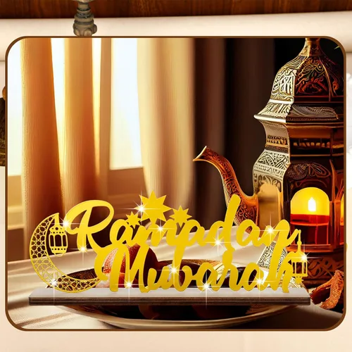 Vista 4 de Landhoow Letrero de Eid Mubarak para decoración de mesa de Ramadán de 12.99 x 4.72 pulgadas, letrero de Ramadán Kareem, decoración de letras