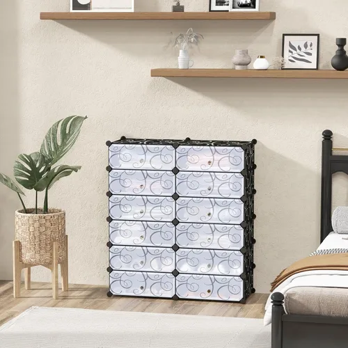 Vista 9 de COSTWAY Organizador de zapatos, estantes de zapatos de 6 niveles con cubiertas, diseño de bricolaje, 24 pares de cajas organizadoras de cubos Negro