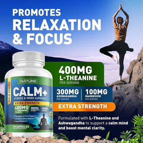 Vista 2 de Built by Nature Calm+ Relajación y Enfoque – Apoyo al estrés, Cortisol y estado de ánimo – Suplemento calmante con L-teanina, Ashwagandha, glicinato