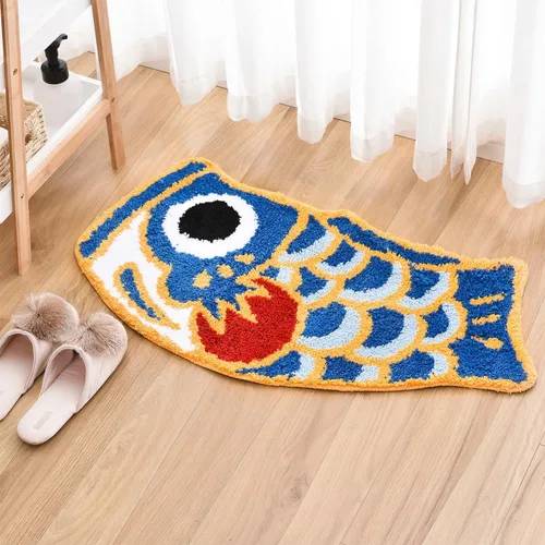 Vista 9 de Bonita alfombra de baño con diseño de pez, suave, antideslizante, estilo japonés, con bandera de Koi, alfombra para ducha, tapete