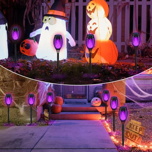 Vista 6 de IkeeRuic Decoraciones de Halloween al aire libre, luces solares de Halloween moradas con llama parpadeante, luces solares para decoración de patio