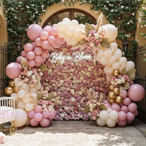 Vista 6 de Kit de arco de globos rosa, blanco y dorado champán, kit de guirnalda de globos de doble relleno, color rosa polvoriento, con mariposas para feliz