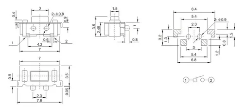 Vista 2 de 100 unids/lote 0.118 * 0.236 in SMD táctil luz táctil interruptor 2 pin botón lateral micro botón 0.118 * 0.236 * 0.138 in