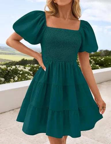 Vista 8 de ZESICA Mini vestido corto de verano bohemio 2026 con cuello cuadrado, manga abombada, hombros descubiertos, fruncido, escalonado, casual