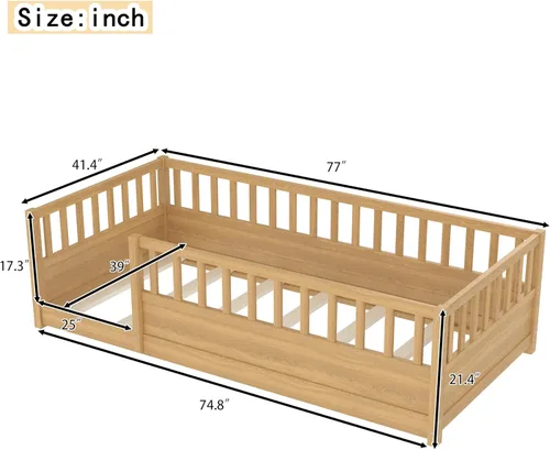 Vista 2 de Bellemave Marco de cama Montessori para niños de tamaño individual con Cerca alta natural