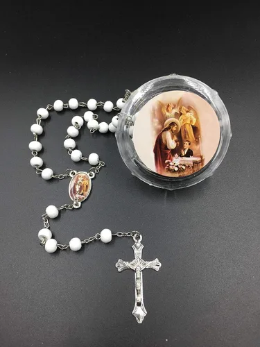 Vista 2 de 12pcs - Primera Comunión Favores Niño Rosarios Cruz Perfumada Comunión Blanca Favores Rosario Con Bolsas de Organza