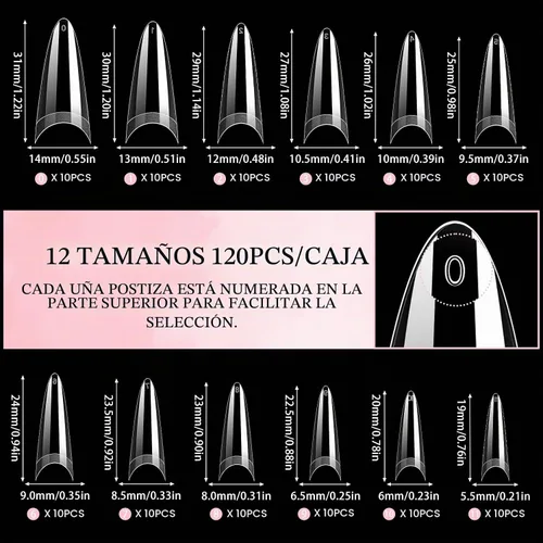 Vista 3 de Puntas de uñas estilo stiletto, uñas postizas de gel suave con forma de almendra, uñas postizas a presión de acrílico transparente, 120