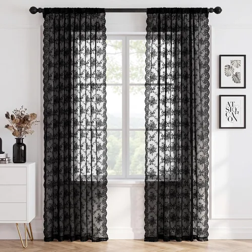 Vista 2 de PONY DANCE Cortinas de encaje transparente negro de 96 pulgadas de largo, 2