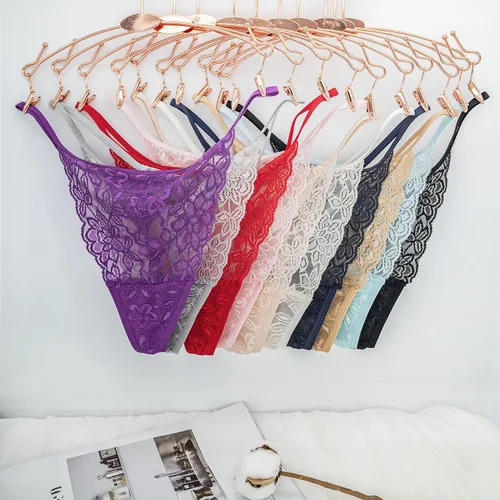 Vista 2 de T Back Sexy Low Rise Elástico Invisible Patrones Encaje Algodón Mujeres Tangas Pack Tangas de cinturón de 10