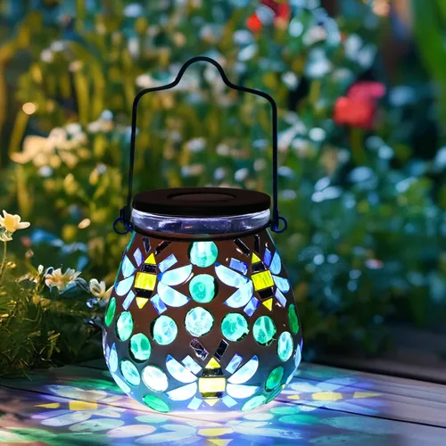 Vista 4 de Afirst - Faroles de mosaico para exteriores, luces solares colgantes de cristal, abejas, impermeables, decorativas para exteriores, jardín, patio