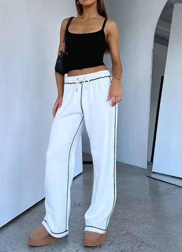 Vista 4 de KMBANGI Pantalones deportivos holgados con cintura elástica para mujer, con costuras en contraste, pierna ancha, pantalones deportivos Y2K