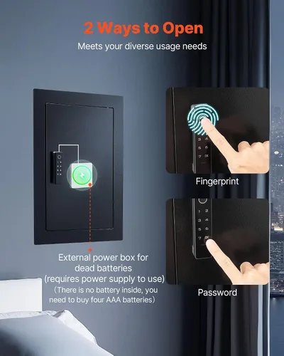 Vista 4 de VEVOR Caja fuerte de pared oculta de 3 niveles con huella digital, contraseña, llave y perilla giratoria, Q235 caja de pared de acero laminado