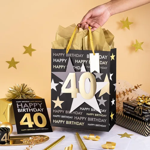 Vista 4 de Loveinside Bolsa de regalo de cumpleaños con papel de seda y tarjeta de felicitación para cumpleaños 40 – 10 x 5 x 13 pulgadas, 1 unidad, oro negro