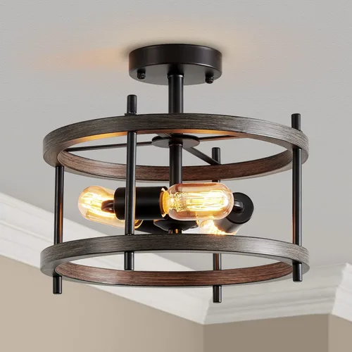 Vista 15 de AGV LIGHTING Lámpara de techo semiempotrada de granja, 3 luces cerca del techo, acabado dorado brillante y negro mate