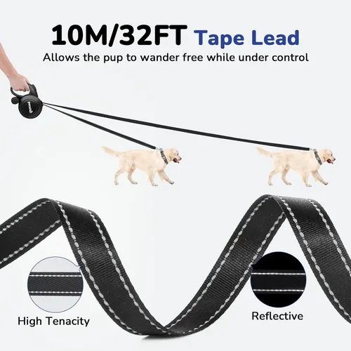 Vista 2 de Correa retráctil para perro de 32 pies con tiras reflectantes, control de un botón y material de nailon resistente, correa larga retráctil