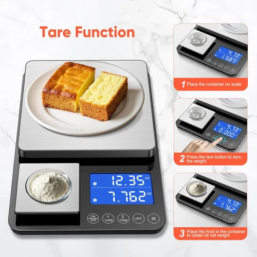 Vista 5 de Báscula de cocina de doble plataforma de 0.001 onzas / 33 libras, báscula digital de alimentos con dos superficies de precisión, pantalla LCD, 7