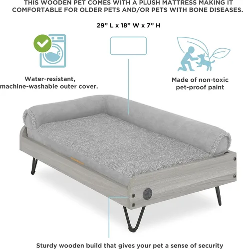Vista 4 de Cama de madera para perros con colchón resistente al agua, cama elevada para mascotas pequeña a mediana con colchón relajante, certificado