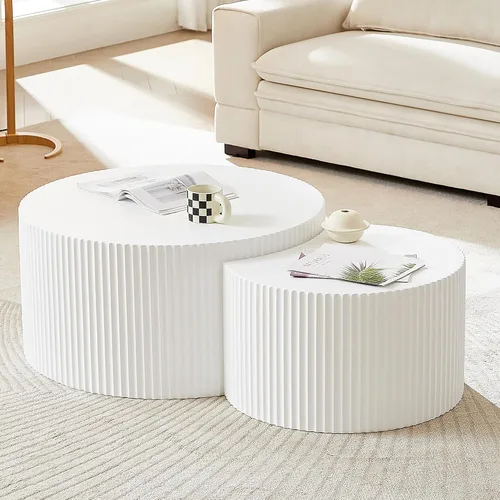 Vista 13 de JUSTONE Juego de 2 mesas de centro redondas anidadas, mesas decorativas de madera modernas marrones que ahorran espacio para espacios pequeños