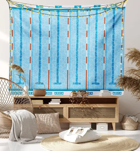 Vista 59 de Lunarable Tapiz azul, piscina temática de competición deportiva con carriles imagen de pictograma acuático, decoración de tela para colgar